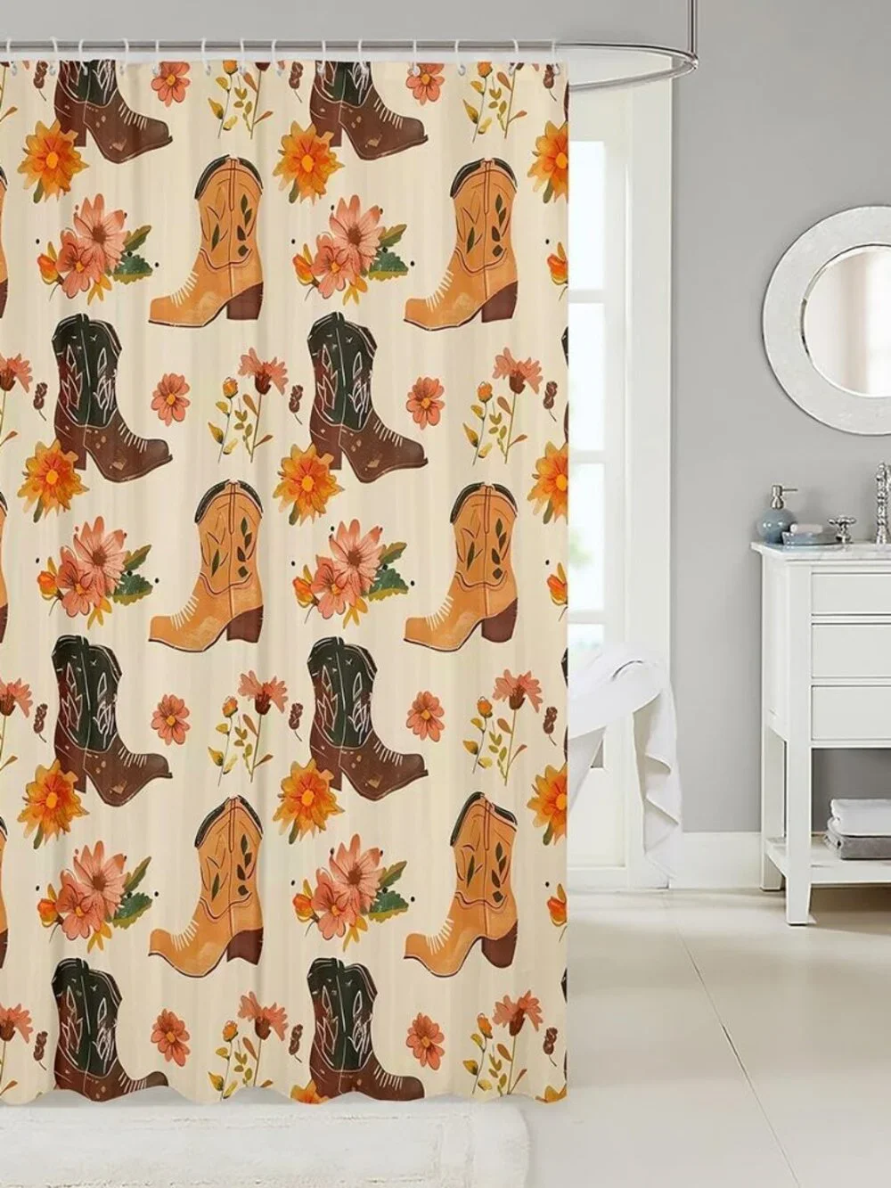 Western Cowboy Kids Shower Curtains,Cowboy Boots Rustic Farmhouse Cabin Bathroom